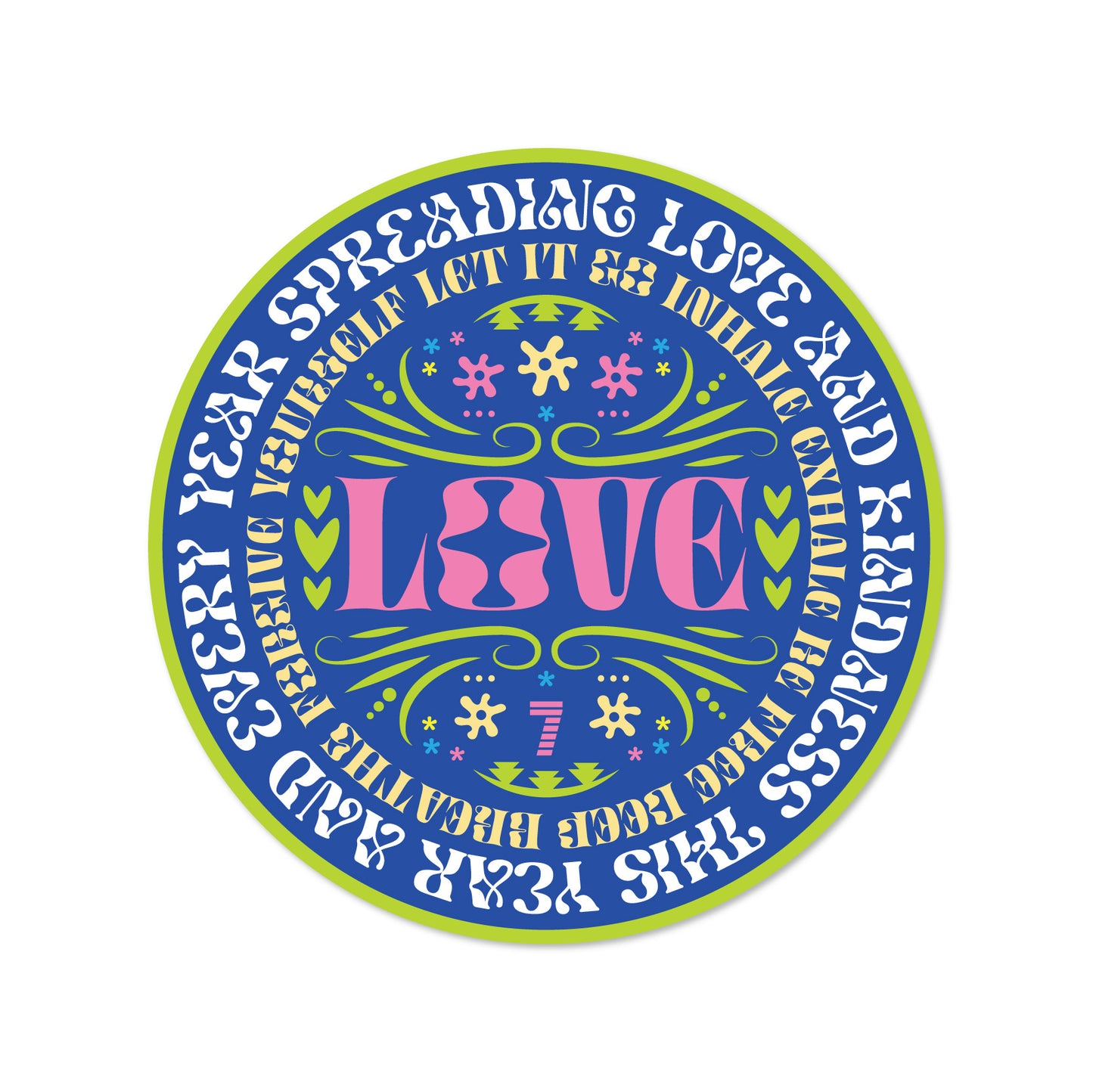 circular blue sticker with Love written in pink, surrounded by botanical illustrations and hearts