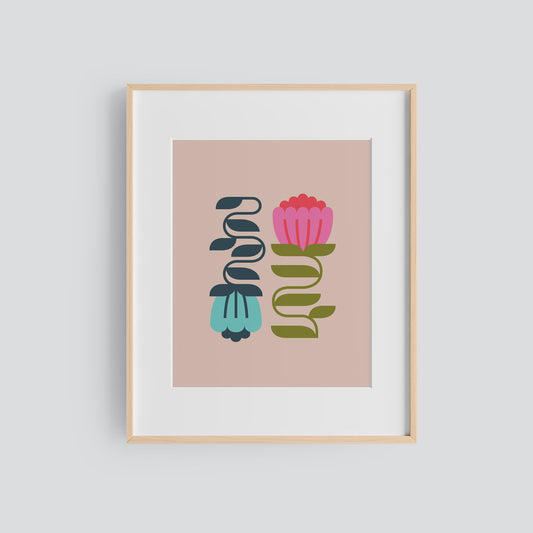 framed print, blue and pink flowers