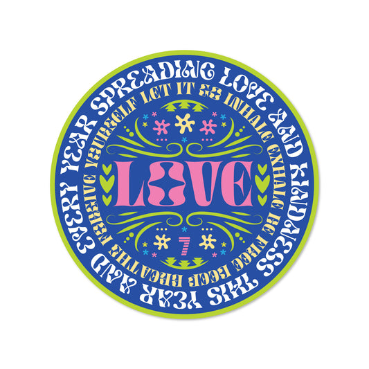 circular blue sticker with Love written in pink, surrounded by botanical illustrations and hearts