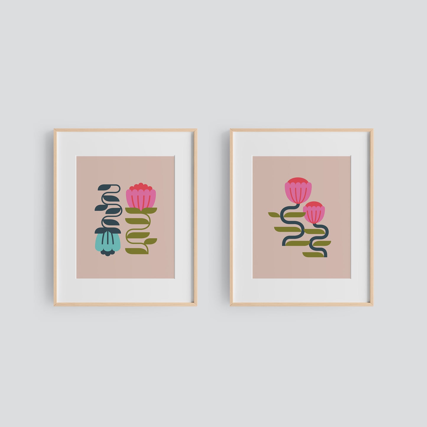 two framed floral prints, side by side